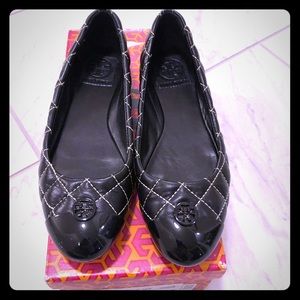 Tory Burch Black Flats with White stitching